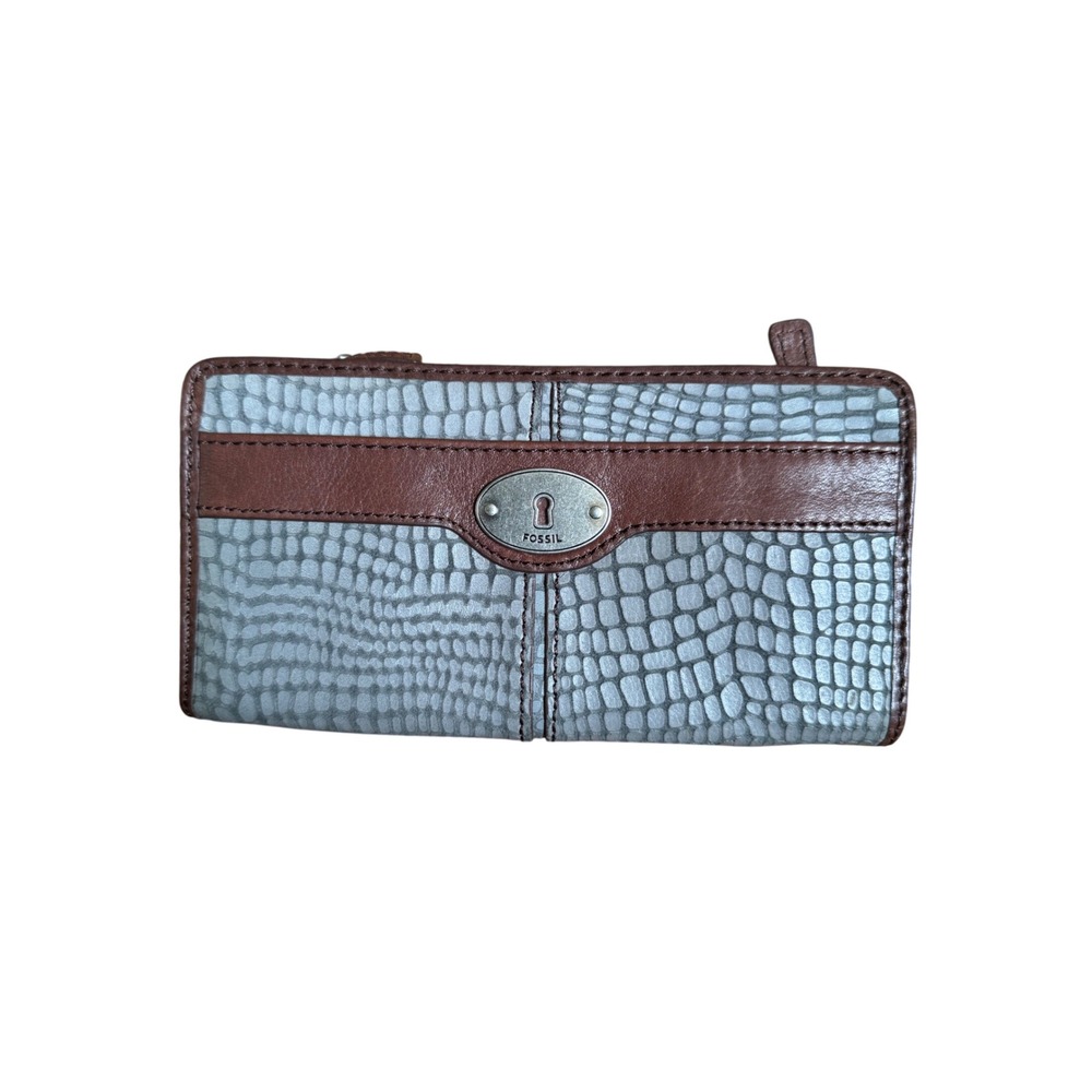 Fossil Blue Grey Croc Embossed Leather Zip Around Wallet Brown Trim Keyhole Logo